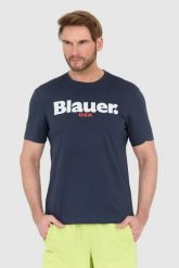 BLAUER Granatowy męski t-shirt z dużym logo. Niebieskie t-shirty Blauer USA, l, bez wzorów, bez kołnierzyka, bez ramiączek. W wyprzedaży za 129.99 zł.