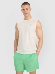 4F Tank top regular męski - biały L. Białe bezrękawniki 4F, l, bez wzorów, z bawełny, bez kołnierzyka, bez ramiączek. W wyprzedaży za 39.99 zł.