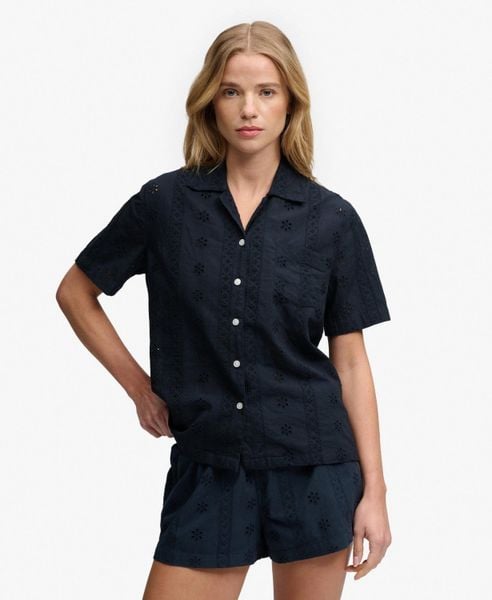 Superdry Heritage Broderie koszula z krótkim rękawem z bawełny organicznej. Niebieskie koszule Superdry, na lato, bez wzorów, z bawełny, bez kołnierzyka, bez ramiączek. Za 236.60 zł.
