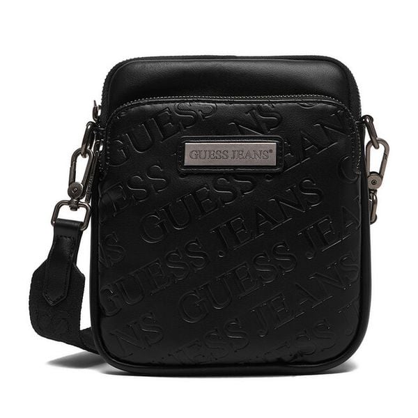 Saszetka Guess Jeans. Czarne saszetki i nerki Guess Jeans, z aplikacjami, z jeansu, małe, bez dodatków. Za 199.99 zł.