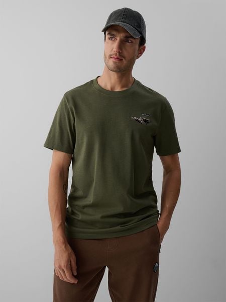 4F T-shirt regular z nadrukiem męski - khaki XL. Brązowe t-shirty 4F, bez wzorów, z bawełny, bez ramiączek, trekkingowe. Za 69.99 zł.