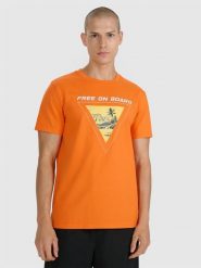 4F T-shirt regular z nadrukiem męski - pomarańczowy M. Brązowe t-shirty 4F, m, bez wzorów, z bawełny, bez kołnierzyka, bez ramiączek. W wyprzedaży za 59.99 zł.