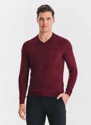 PAKO LORENTE - Bordowy sweter męski v-neck. Czerwone swetry nierozpinane Pako Lorente, na jesień, m, bez wzorów, z nylonu, bez kołnierzyka, bez ramiączek. Za 119.99 zł.