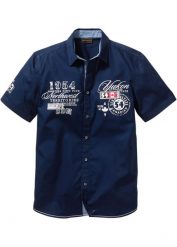Koszula z krótkim rękawem i nadrukiem, Slim Fit. Niebieskie koszule bonprix, l, z aplikacjami, bez kołnierzyka, bez ramiączek. Za 124.99 zł.