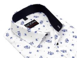 Biała koszula męska Modini w niebieskie kwiaty - 100% bawełna DD5. Białe koszule Modini Moda Męska, m, bez wzorów, z bawełny, bez kołnierzyka, bez ramiączek. W wyprzedaży za 166.50 zł.