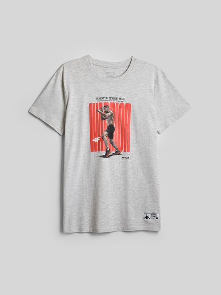 4F T-shirt regular z nadrukiem męski 4F | Mateusz Gamrot - szary XXL. Szare t-shirty 4F, z aplikacjami, z bawełny, bez ramiączek. Za 129.99 zł.
