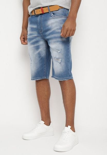 Niebieskie Szorty Jeansowe z Przetarciami i Paskiem z Imitacji Skóry Tleasa. Niebieskie szorty Born2be, m, bez wzorów, z jeansu. Za 119.99 zł.