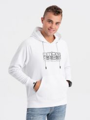 Męska bluza nierozpinana z kapturem i nadrukiem - biała V1 - Rozmiar: XL. Białe bluzy Ombre Clothing, m, bez wzorów, z bawełny, z kapturem. W wyprzedaży za 49.99 zł.