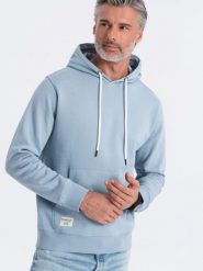 Bluza męska dresowa kangurka z kapturem - niebieska V7 OM-SSBN-0177 - S. Niebieskie bluzy Ombre Clothing, l, z aplikacjami, z bawełny, z kapturem. Za 129.99 zł.