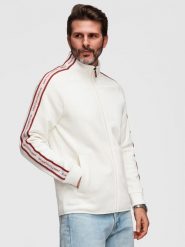 Męska bluza rozpinana z kontrastowymi lampasami i wysoką stójką – kremowa V2 - Rozmiar: L. Białe bluzy Ombre Clothing, l, bez wzorów, z bawełny, bez kaptura. Za 209.99 zł.