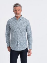 Koszula męska SLIM FIT w print drobnych liści - jasnoniebieska V1 OM-SHPS-0163 - XXL. Niebieskie koszule Ombre Clothing, l, bez wzorów, z bawełny, bez kołnierzyka, bez ramiączek. W wyprzedaży za 69.99 zł.