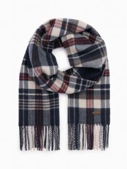 Męski szalik z frędzlami w szkocką kratę – granatowo-kremowy V3 OM-ACSF-0113 - uniwersalny. Niebieskie szaliki Ombre Clothing, bez wzorów, z materiału. Za 47.99 zł.