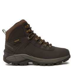 Trekkingi Merrell. Brązowe botki sznurowane Merrell, bez wzorów, bez obcasa, bez zapięcia. Za 409.99 zł.