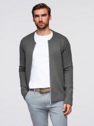 Męski sweter gładki na zamek – grafitowy V2 - Rozmiar: XXL. Szare swetry nierozpinane Ombre Clothing, m, bez wzorów, z dzianiny, bez kołnierzyka, bez ramiączek. Za 239.99 zł.