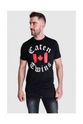DSQUARED2 T-shirt męski, czarny z nadrukiem ,,caten twins. Czarne t-shirty Dsquared2, l, bez wzorów, prążkowane, bez kołnierzyka, bez ramiączek. W wyprzedaży za 499.99 zł.