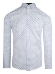 Męska, Taliowana (Slim Fit) Koszula Wizytowa - Rigon - Biała w Kolorowy Groszek. Białe koszule Rigon, m, bez wzorów, z bawełny, bez kołnierzyka, bez ramiączek. Za 129.00 zł.