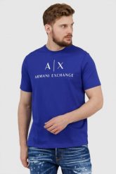 ARMANI EXCHANGE Niebieski t-shirt męski z białym logo. Niebieskie t-shirty Armani Exchange, l, bez wzorów, prążkowane, bez kołnierzyka, bez ramiączek. W wyprzedaży za 159.99 zł.
