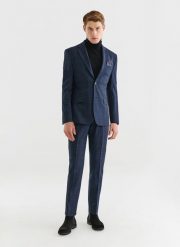 PAKO LORENTE – Granatowe spodnie garniturowe z wełną. Niebieskie garnitury Pako Lorente, bez wzorów, z lycry. Za 549.99 zł.