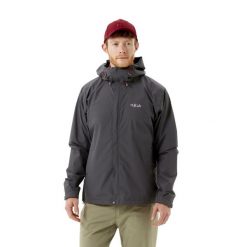 Kurtka przeciwdeszczowa męska Rab Downpour Eco Jacket z kapturem. Czarne kurtki RAB, m, bez wzorów, z kapturem. Za 479.99 zł.