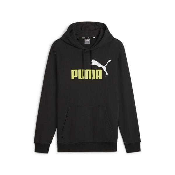 Męska bluza z kapturem Essentials+ Two-Tone Big Logo PUMA Black Lime Sheen. Czarne bluzy Puma, m, bez wzorów, z bawełny, z kapturem. Za 251.00 zł.