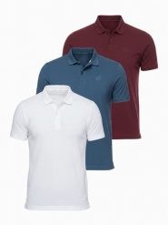 Komplet męskich bawełnianych t-shirtów polo BASIC – biały/bordowy/ciemnoniebieski V4 - Rozmiar: S. Czerwone koszulki polo Ombre Clothing, m, bez wzorów, z bawełny, bez kołnierzyka, bez ramiączek. Za 249.99 zł.