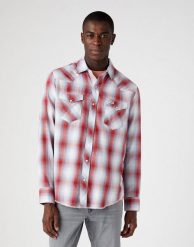WRANGLER LS WESTERN SHIRT MĘSKA KOSZULA W KRATĘ DŁUGI RĘKAW FLAME RED W5A0BJR06 112146085. Czerwone koszule Wrangler, m, bez wzorów, bez kołnierzyka, bez ramiączek. Za 119.99 zł.