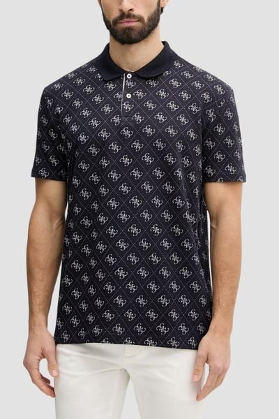 GUESS Granatowa męska koszulka polo w monogram 4G Jacquard, Rozmiar XXL. Niebieskie koszulki polo sportowe Guess, m, z aplikacjami, bez kołnierzyka, bez ramiączek. Za 439.99 zł.