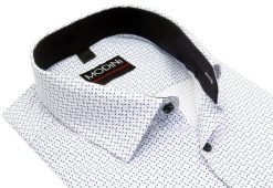 Biała elastyczna koszula męska Modini z niebieskim wzorem DD11. Białe koszule Modini Moda Męska, m, bez wzorów, z bawełny, bez kołnierzyka, bez ramiączek. W wyprzedaży za 179.10 zł.