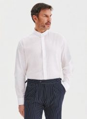 PAKO LORENTE - Biała koszula męska z lnu i bawełny. Białe koszule Pako Lorente, na wiosnę, m, bez wzorów, z bawełny, bez kołnierzyka, bez ramiączek. Za 99.99 zł.