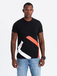 Bawełniany męski t-shirt z kontrastowym dwukolorowym printem – czarny V1. Czarne t-shirty Ombre Clothing, m, bez wzorów, z bawełny, bez kołnierzyka, bez ramiączek. W wyprzedaży za 38.50 zł.