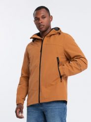 Kurtka męska przejściowa z kapturem - camel V5 - Rozmiar: L. Brązowe kurtki Ombre Clothing, l, bez wzorów, z kapturem. W wyprzedaży za 109.99 zł.