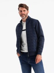 Lekka rozpinana kurtka męska z pikowanym przodem – granatowa V1 OM-JANP-0193 - M. Niebieskie kurtki Ombre Clothing, m, bez wzorów, z bawełny, bez kaptura. Za 155.99 zł.