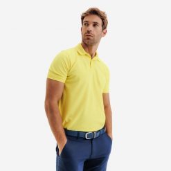 Koszulka polo do golfa z krótkim rękawem męska Inesis MW500. Żółte koszulki polo INESIS, m, bez wzorów, z bawełny, bez kołnierzyka, bez ramiączek, na golfa. Za 59.99 zł.