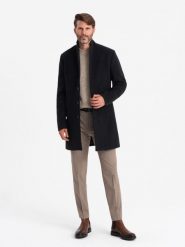 Jednorzędowy długi płaszcz męski w stylu garniturowym – czarny V1 - Rozmiar: XL. Czarne płaszcze Ombre Clothing, m, bez wzorów, z materiału, eleganckie, bez kaptura. W wyprzedaży za 199.99 zł.