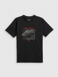 4F T-shirt regular z nadrukiem męski - czarny XL. Czarne t-shirty 4F, m, bez wzorów, z materiału, bez kołnierzyka, bez ramiączek. Za 69.99 zł.