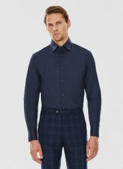 PAKO LORENTE – Granatowa koszula męska długi rękaw. Koszule Pako Lorente, m, bez wzorów, z bawełny, bez kołnierzyka, bez ramiączek. Za 199.99 zł.