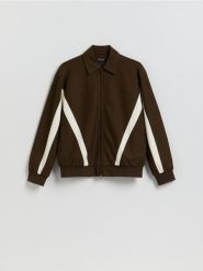 Kurtka z kołnierzem - ciemnobrązowy. Brązowe kurtki Reserved, l, bez wzorów, z dzianiny, bez kaptura. Za 199.99 zł.