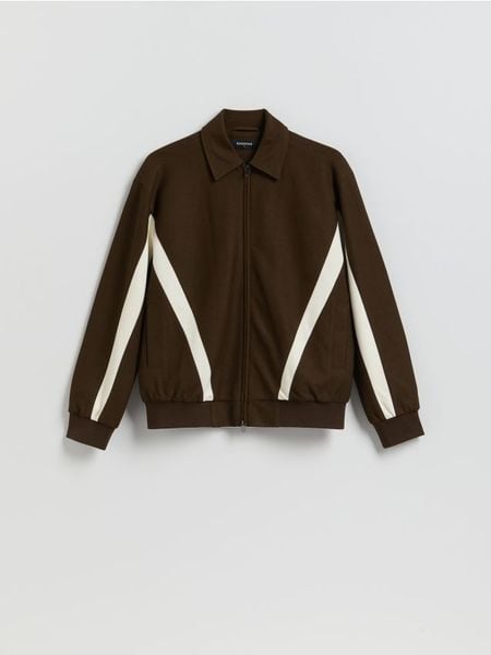 Kurtka z kołnierzem - ciemnobrązowy. Brązowe kurtki Reserved, l, bez wzorów, z dzianiny, bez kaptura. Za 199.99 zł.