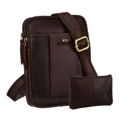 Męska, skórzana torba na ramię w brązowym kolorze w zestawie z saszetką na klucze - Peterson. Brązowe torby na ramię Peterson, bez wzorów, ze skóry, na ramię, bez dodatków. Za 179.99 zł.