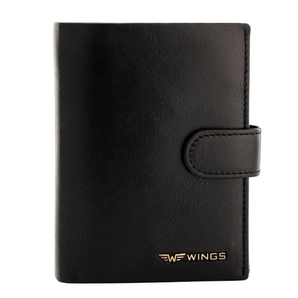 WINGS Męski portfel ze skóry naturalnej bydlęcej zapinany Black. Czarne portfele Wings, bez wzorów, z materiału. Za 82.90 zł.