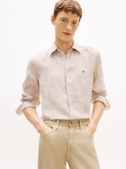 Tommy Hilfiger koszula lniana Mężczyźni Regular Fit len (100%) brązowy, XL. Brązowe koszule Tommy Hilfiger, m, bez wzorów, ze lnu, bez kołnierzyka, bez ramiączek. Za 489.95 zł.