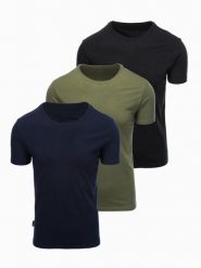 Zestaw męskich bawełnianych t-shirtów BASIC z okrągłym dekoltem – czarny/granatowy/khaki V3 - Rozmiar: XXL. Niebieskie t-shirty Ombre Clothing, m, bez wzorów, z bawełny, bez kołnierzyka, bez ramiączek. W wyprzedaży za 97.99 zł.