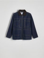Kurtka jeansowa z przeszyciami - granatowy. Niebieskie kurtki Reserved, l, bez wzorów, z denimu, bez kaptura. W wyprzedaży za 59.99 zł.