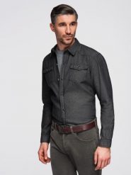 Koszula męska jeansowa na zatrzaski z kieszonkami - czarna V3 - Rozmiar: XXL. Czarne koszule Ombre Clothing, m, bez wzorów, z bawełny, bez kołnierzyka, bez ramiączek. Za 209.99 zł.