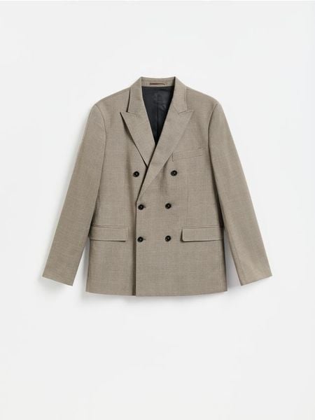 Dwurzędowa marynarka w kratę - brązowy. Brązowe garnitury Reserved, l, bez wzorów, z tkaniny. Za 359.99 zł.