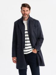 Rozpinany męski płaszcz z wełną – granatowy V1 OM-COWC-0121 - XXL. Niebieskie płaszcze Ombre Clothing, na zimę, l, bez wzorów, z materiału, eleganckie, bez kaptura. Za 437.99 zł.