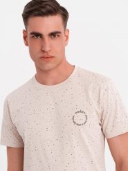 Męski bawełniany t-shirt z nadrukiem i okrągłym dekoltem – beżowy V2 OM-TSFP-0186 - XXL. Brązowe t-shirty Ombre Clothing, l, bez wzorów, z bawełny, bez kołnierzyka, bez ramiączek. Za 65.99 zł.