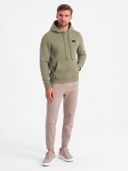 Bluza męska dresowa kangurka z kapturem i metalowym pinem – oliwkowa V2 OM-SSNZ-0141 - XXL. Zielone bluzy Ombre Clothing, l, bez wzorów, z bawełny, z kapturem. W wyprzedaży za 89.99 zł.