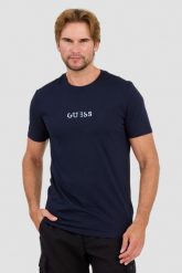 GUESS Granatowy t-shirt z haftowanym logo. Niebieskie t-shirty Guess, l, z aplikacjami, bez kołnierzyka, bez ramiączek. W wyprzedaży za 103.99 zł.
