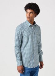WRANGLER LS 1 PKT SHIRT MĘSKA KOSZULA W KRATĘ GREEN NAVY 112350479 W5A9017096. Niebieskie koszule Wrangler, m, bez wzorów, bez kołnierzyka, bez ramiączek. Za 139.99 zł.